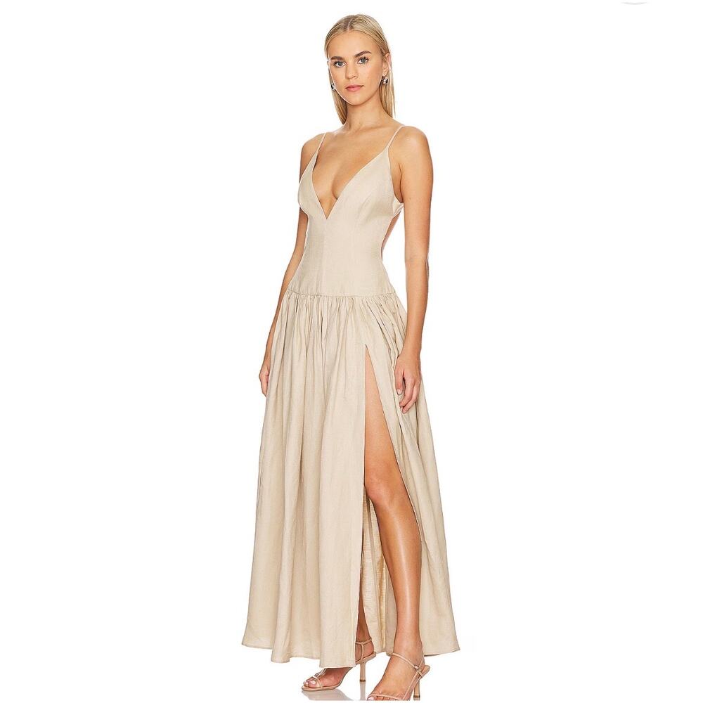 Tularosa Saylor Maxi Dress Linen Cappuccino Beige Tan XS Backless Drop Waist - Picture 2 of 13